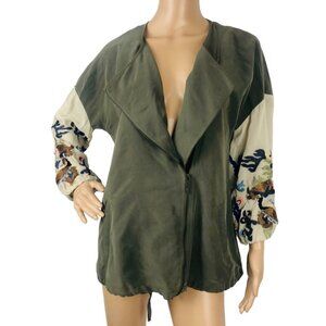 Zara Army Green Embroidered Faux Suede Puff Sleeve‎ Lightweight Jacket Coat XS